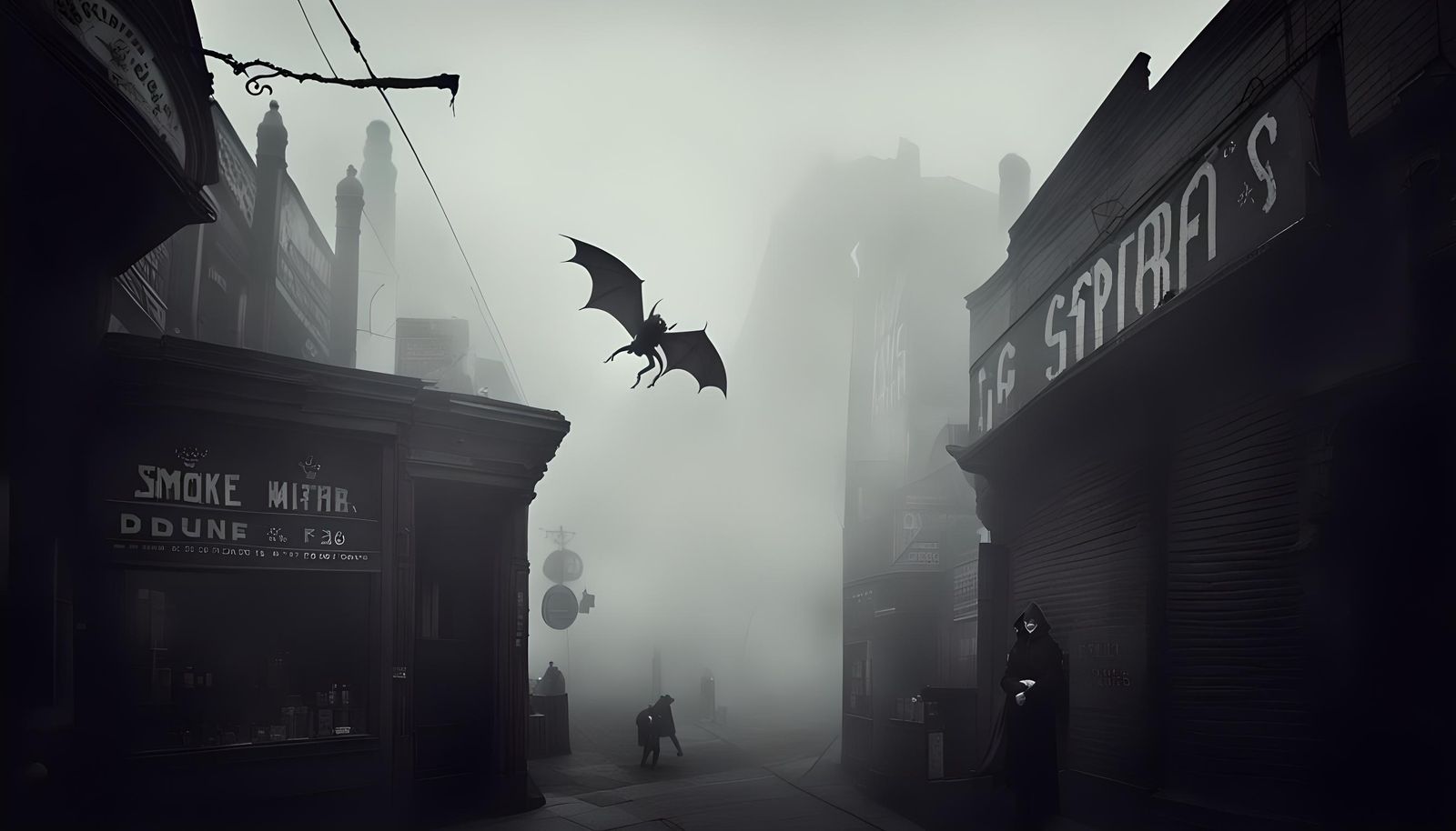 Gothic Coffee Shop with Giant Creatures in Fog