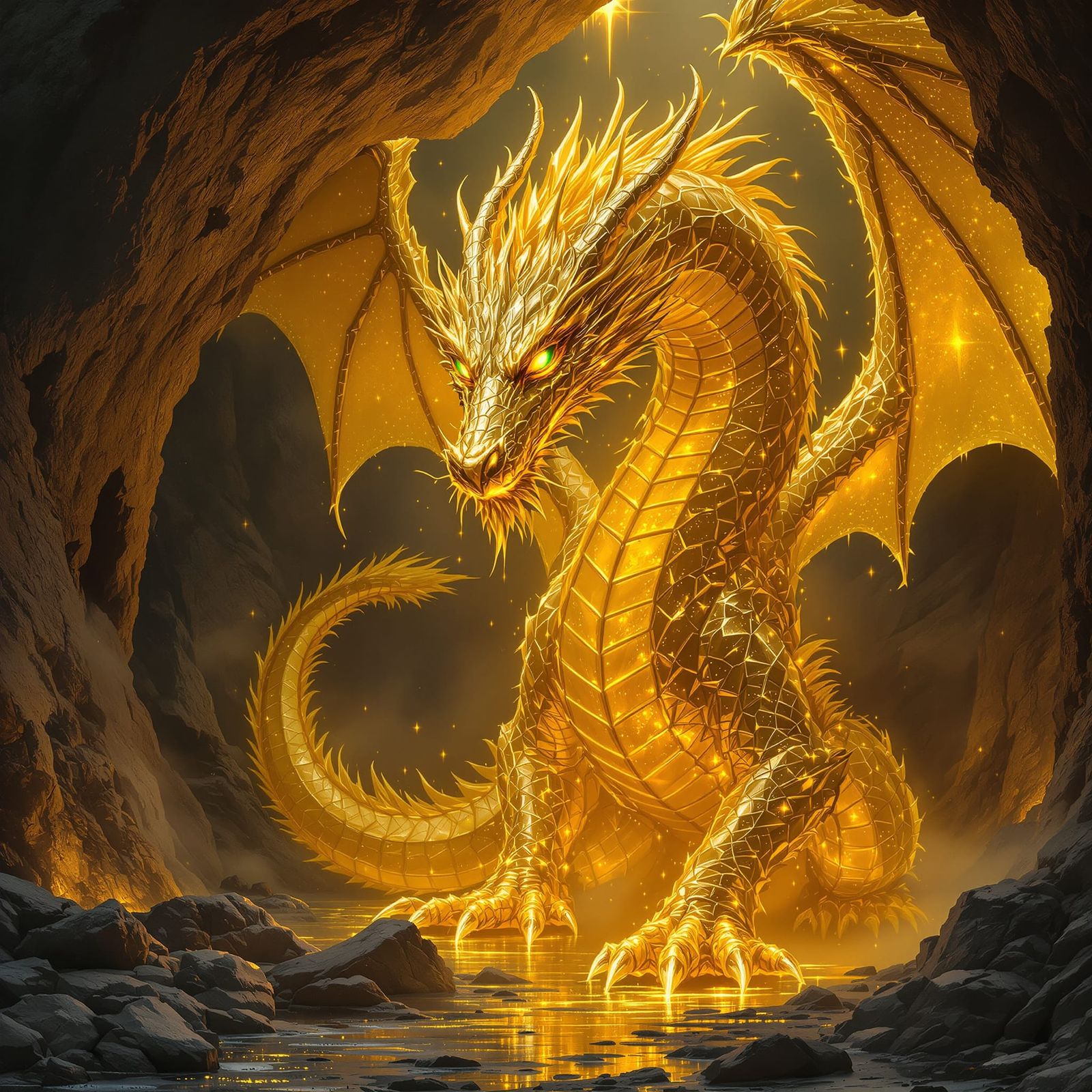 A mighty, magnificent dragon made entirely of liquid gold em...