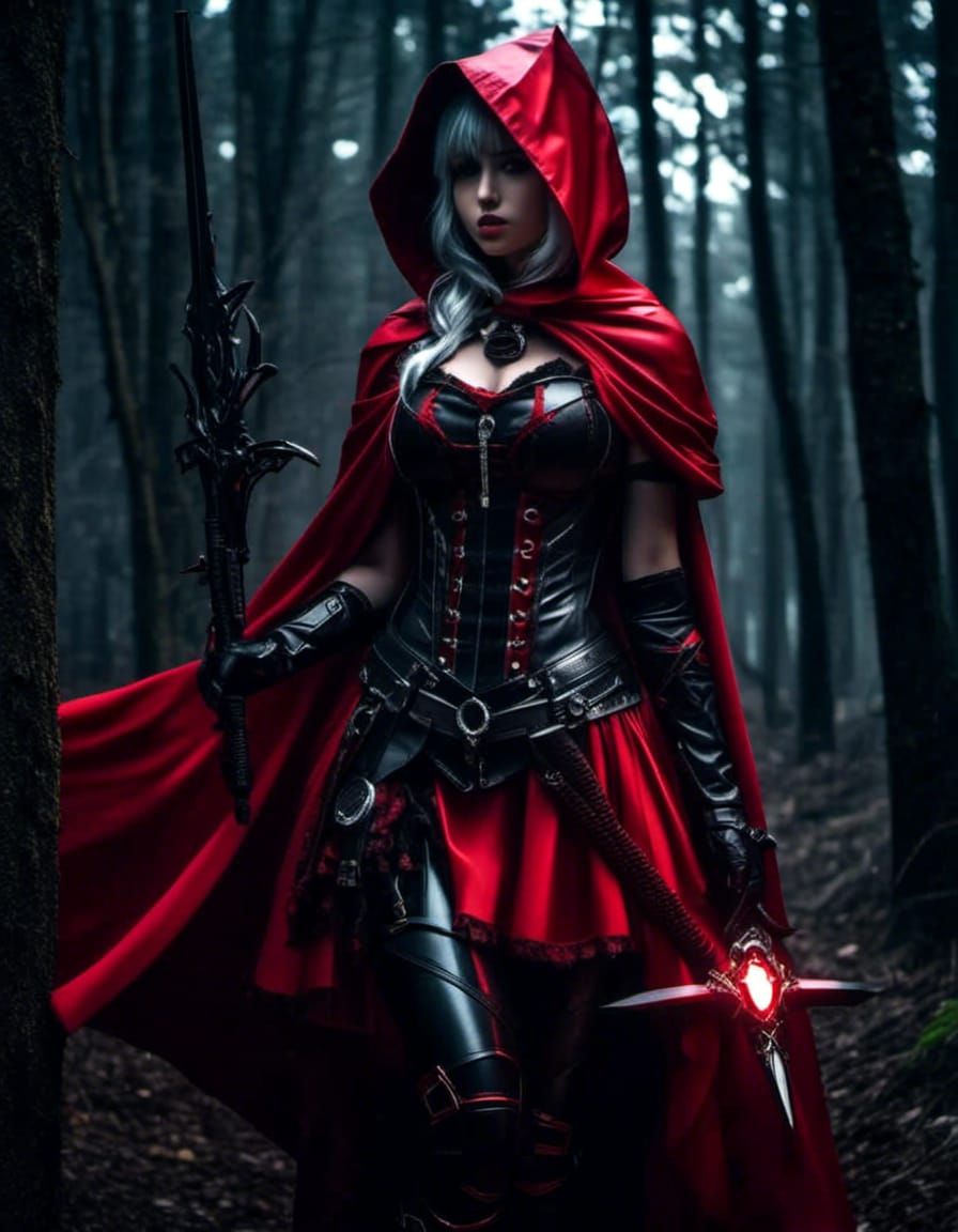 Anime Manga Little Red Riding Hood Gothic armored Warrior princess. In woods low light. <lora:Gridimation:1.0>