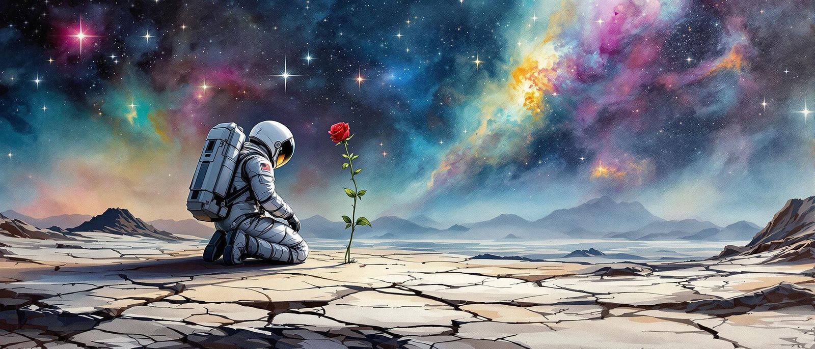 Astronaut and Red Rose on Barren Planet, Watercolour Art