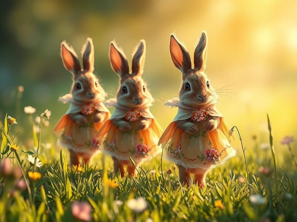 Rabbits in Cloaks Hopping Through Sunlit Meadow