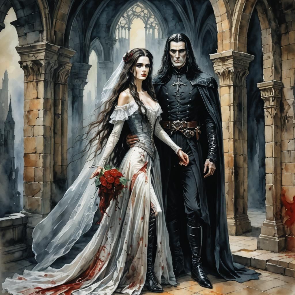 Dracula and Bride: Gouache Impressionist Castle Portrait