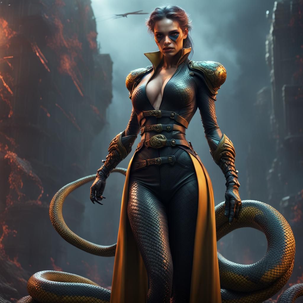 Supervillain Snake Woman Leads Army: Detailed Matte Painting