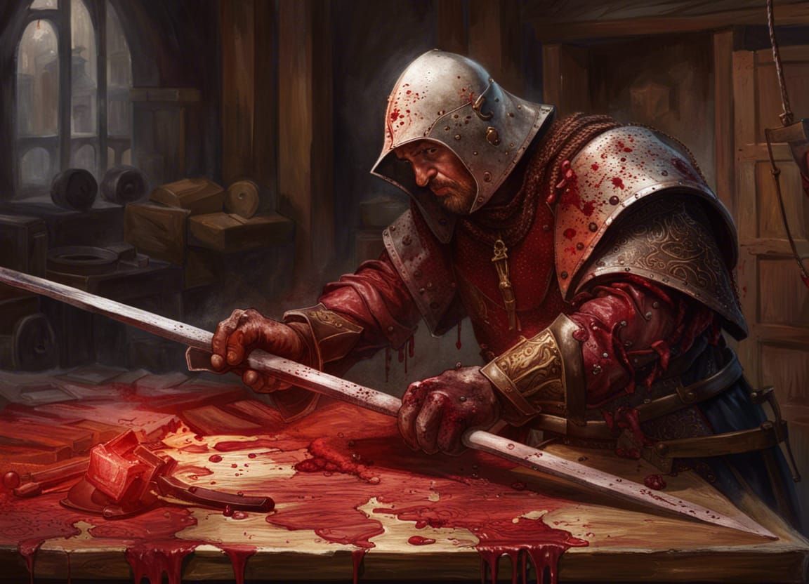 An elaborately detailed cinematic photoillustration of a blood splattered medieval juggernaut executioner working at the...