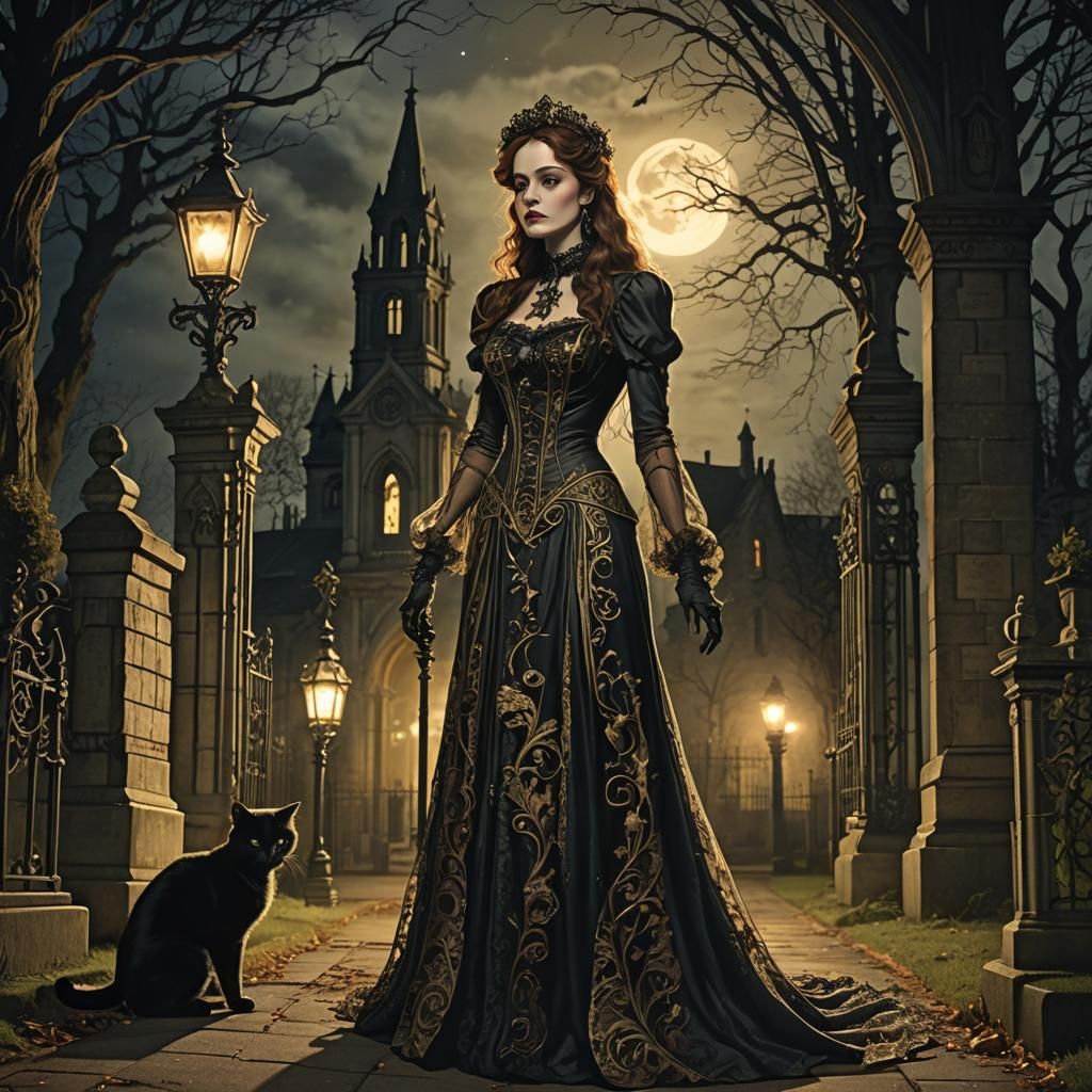 Gothic Art Nouveau: Victorian Lady with Black Cat