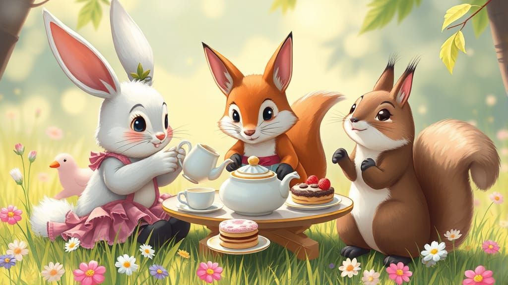 Anthropomorphic Animals Tea Party in Painterly Kawaii Style