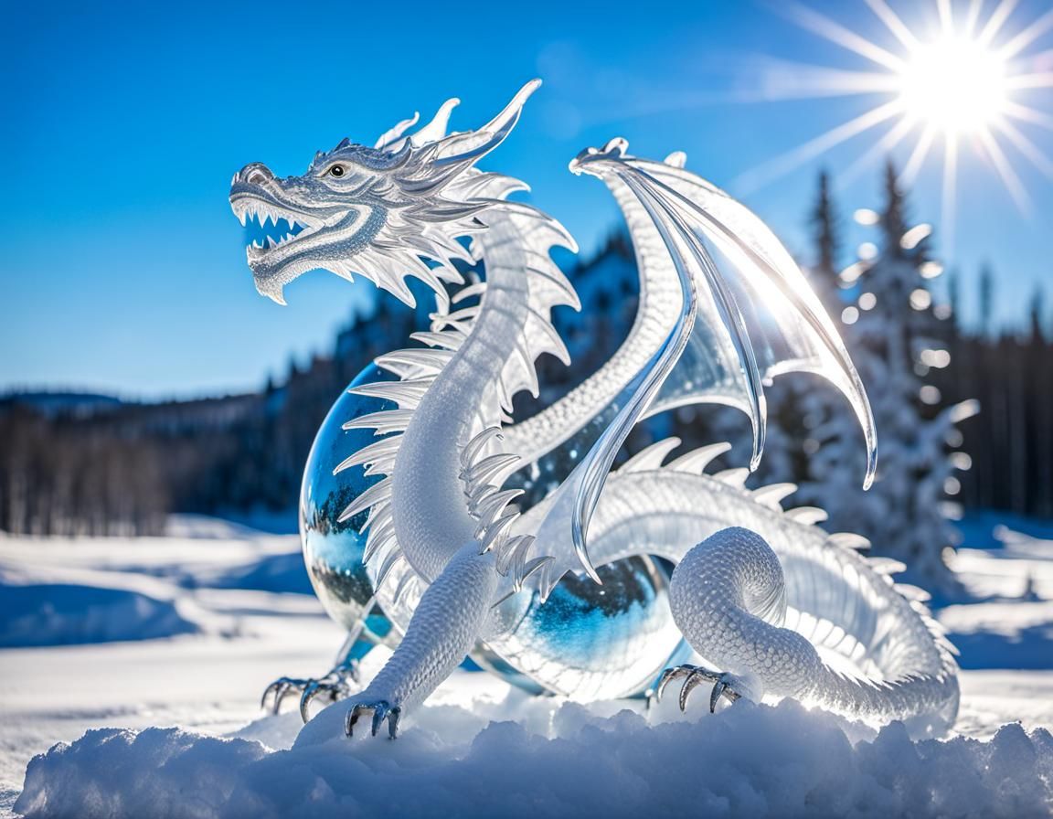 Giant Ice Dragon Sculpture in Winter Wonderland