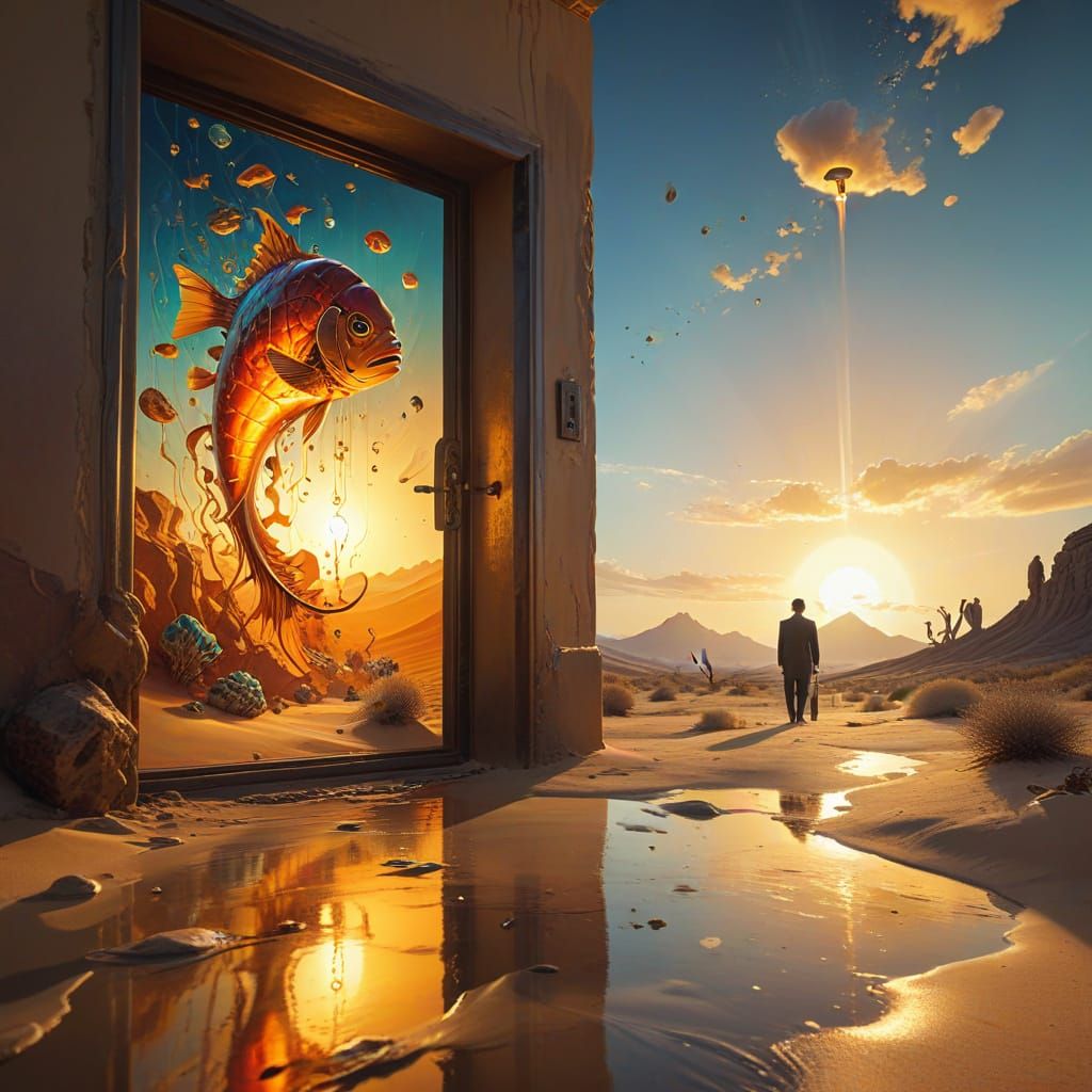 Ethereal Surrealist Scene with Melting Clock and Glowing Key