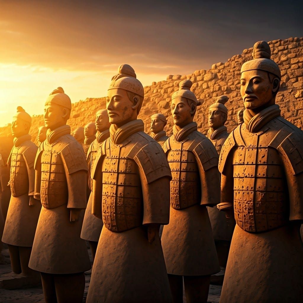 Terracotta Army Guards Cyprus Sanctuary at Sunset
