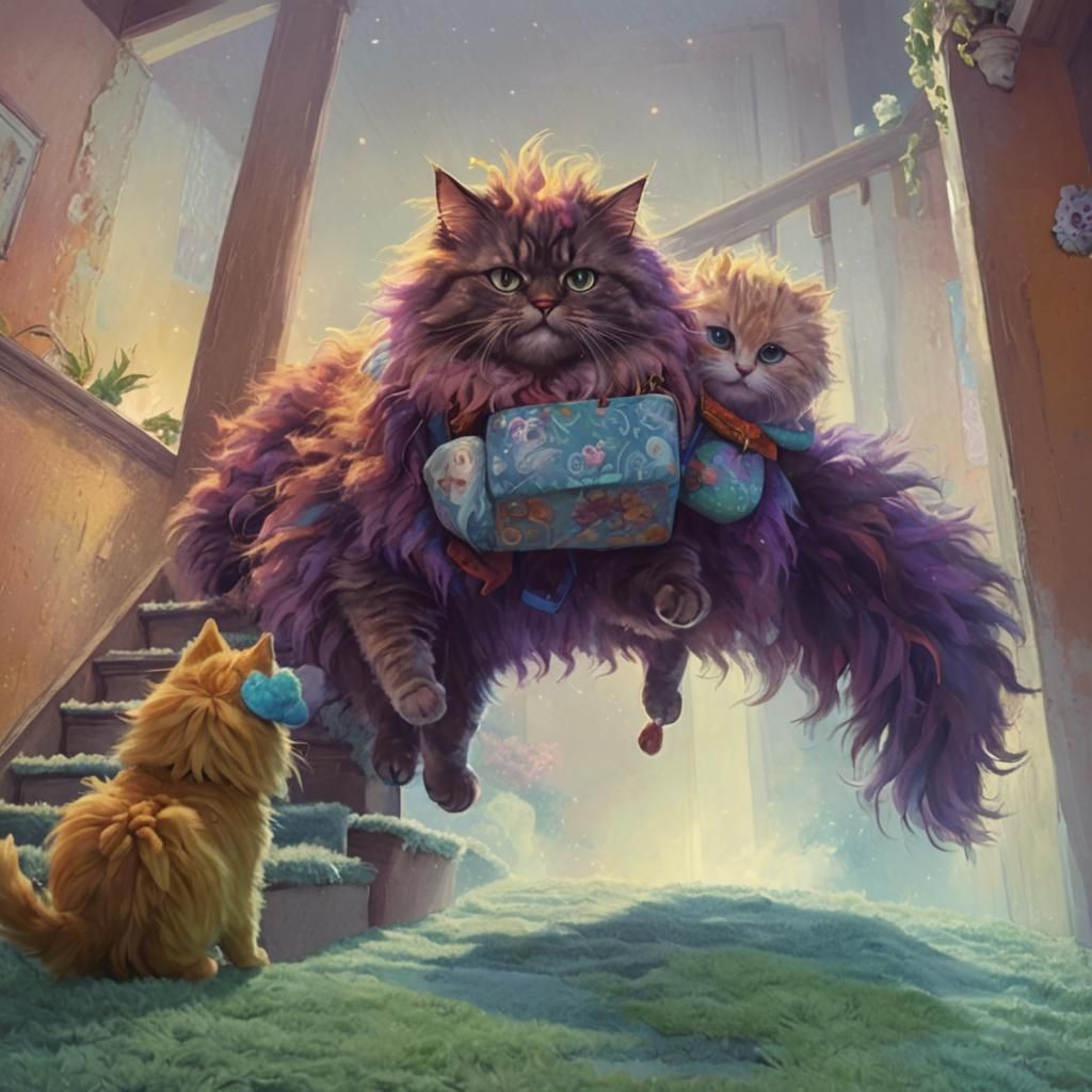 Whimsical Cat Carries Toy in Fantasy Art