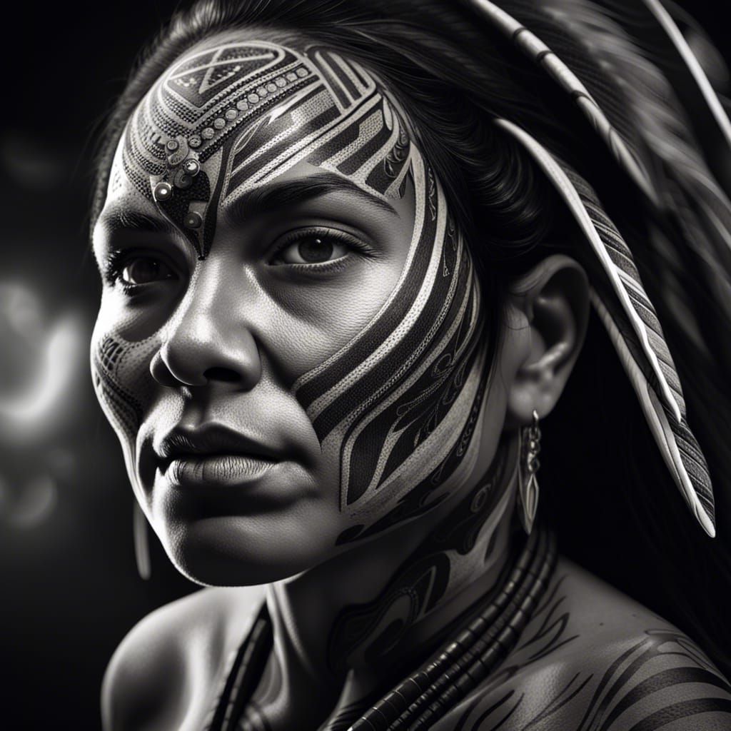Dramatic Portrait of Maori Woman in Black and White