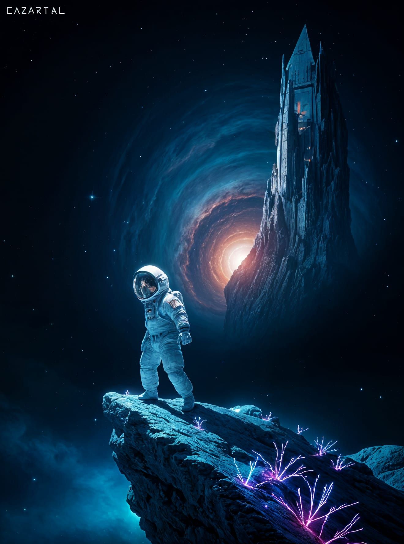 Astronaut on Crystalline Asteroid Views Nebula