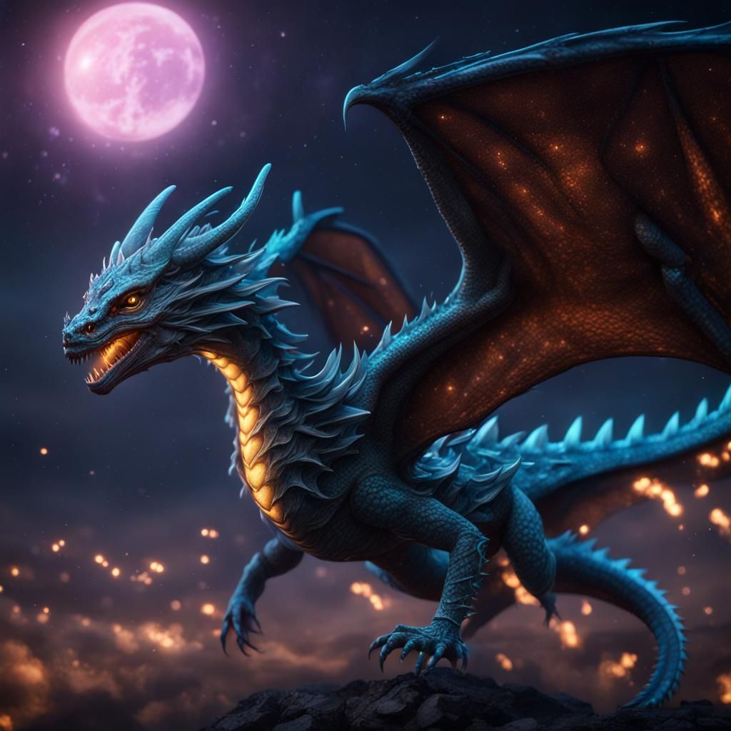 Bioluminescent Dragon in a Night Sky: Fantasy Art