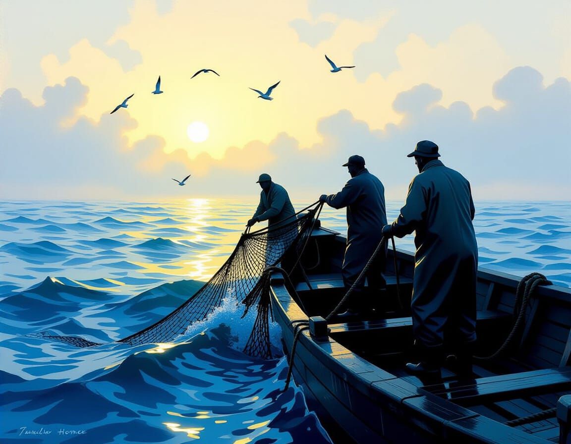 Fishermen Haul Net in Epic Seascape at Dawn