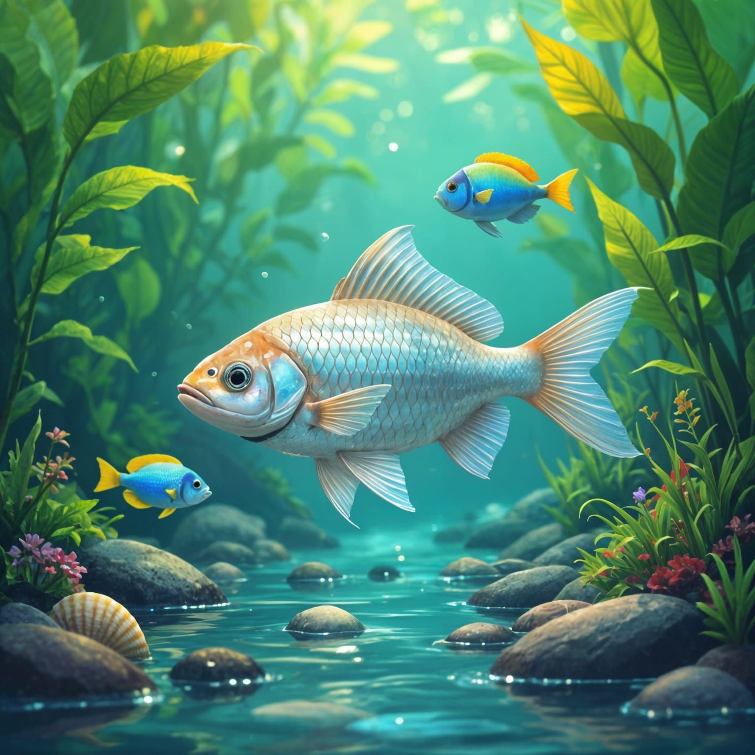 Fluorescent Fish Swimming in River with Other Fish