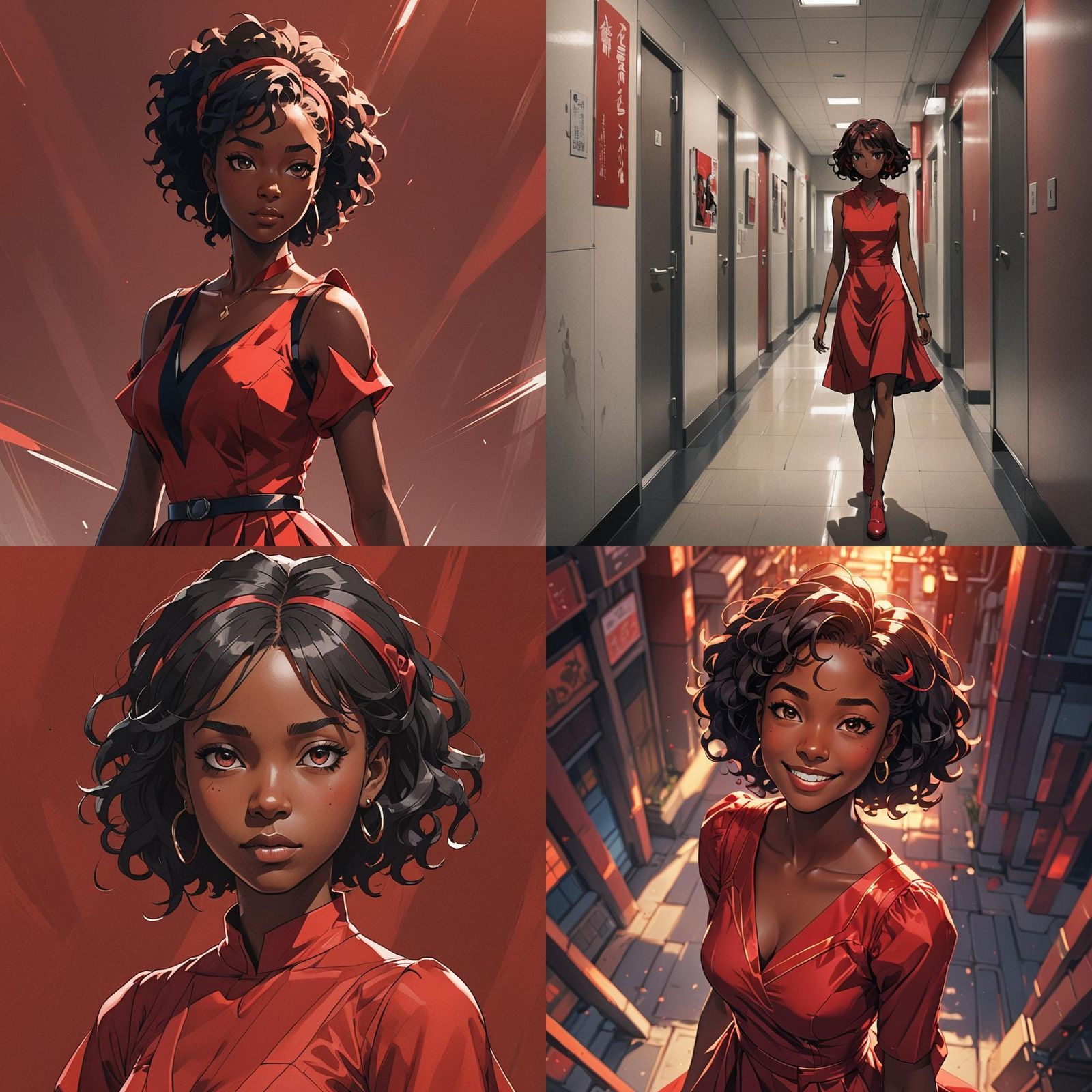 Black College Girl in Red Dress: Anime Style