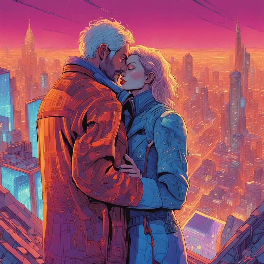 Cyberpunk Romance: Embracing in a Neon City
