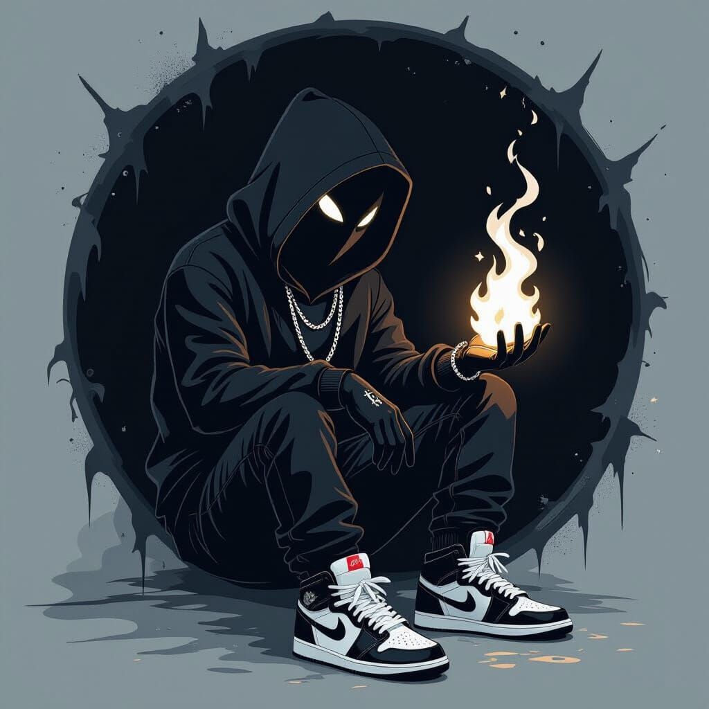 Shadowy Figure with White Flames in Urban Style