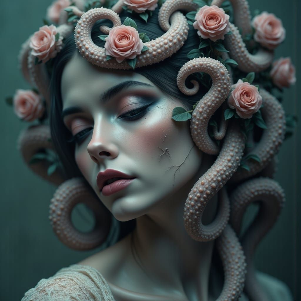 Woman with Roses and Tentacles in Noir Style