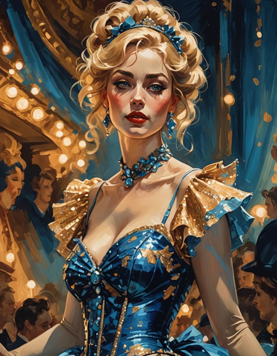 Blonde Cabaret Girl in Burlesque Oil Painting