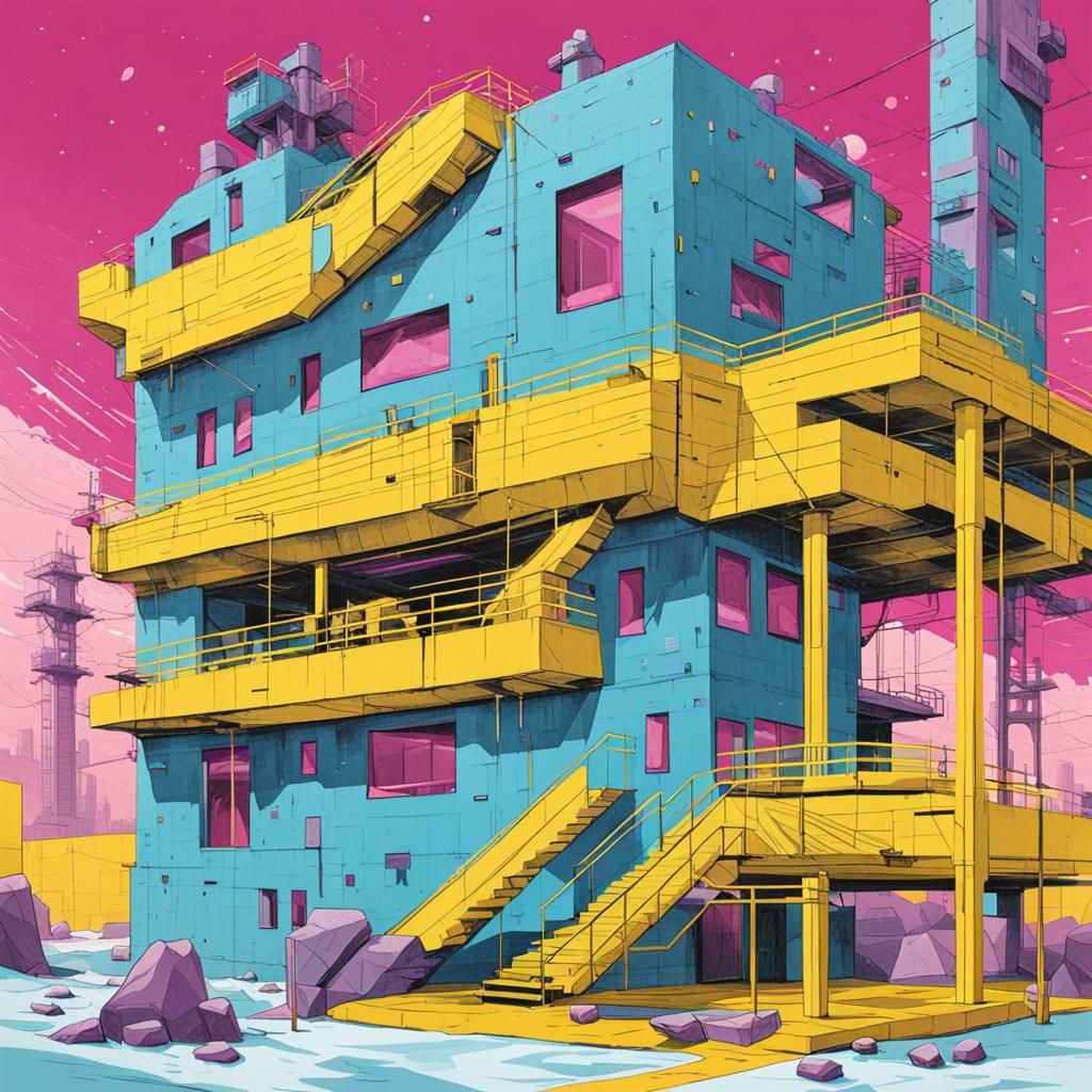 Icy Blue Building in Industrial Brutalist Style