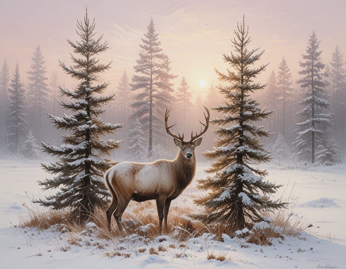 Winter Dawn in Pine Woods: Serene Oil Painting