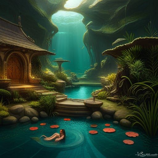 Underwater Ghost Twins in Lily Pool: Detailed Matte Painting