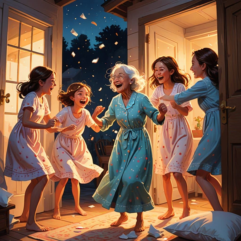 Joyful Pillow Fight Scene in Storybook Style