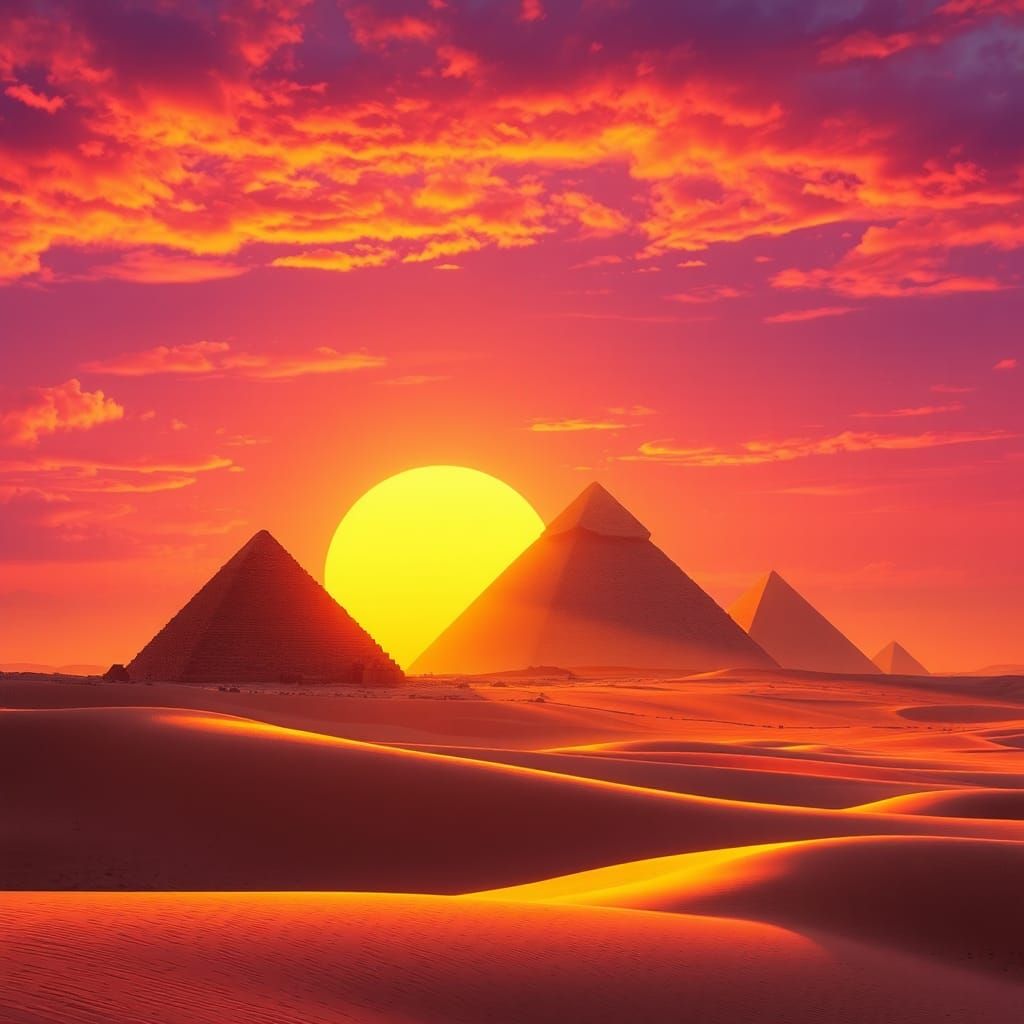 Futuristic Sunset Over Giza Pyramids, Egypt 2025