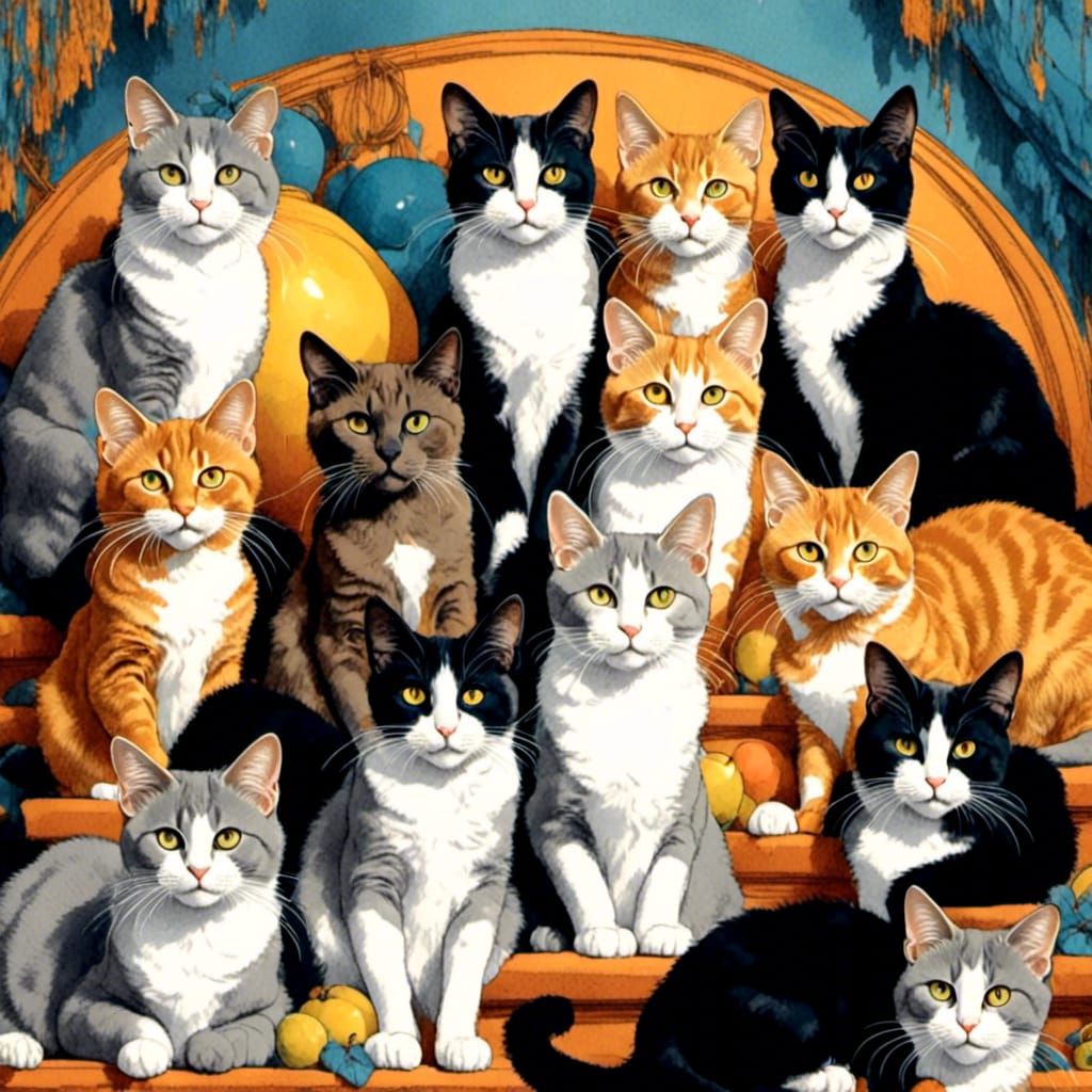 Sketch of Many Cats Stacked on Each Other