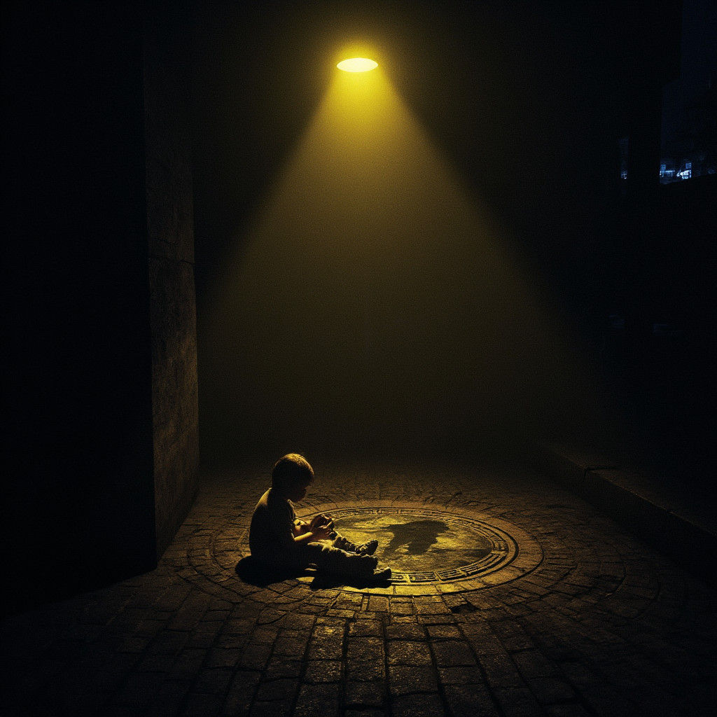 Ethereal Reflection: Child and Reader in City Alley