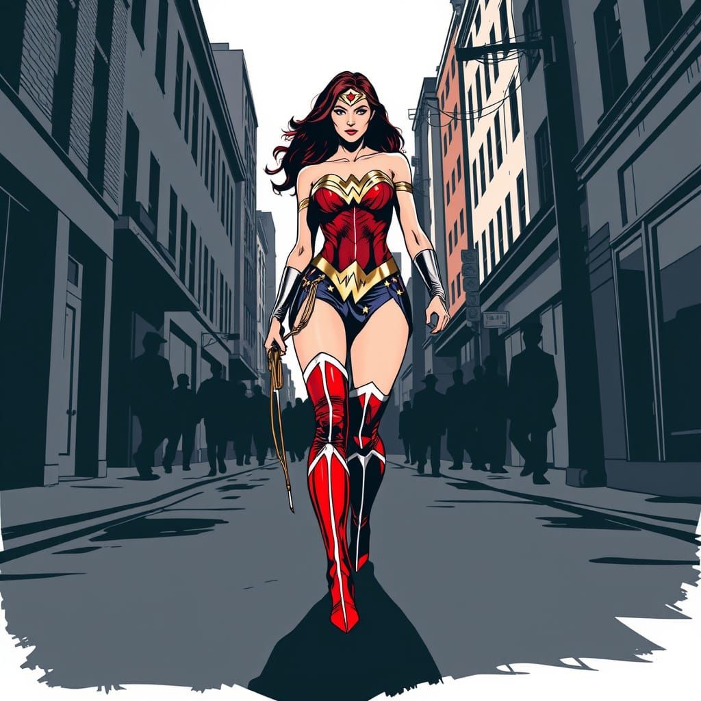 Wonder Woman in Graphic Novel Style with Bold Red, White, Bl...
