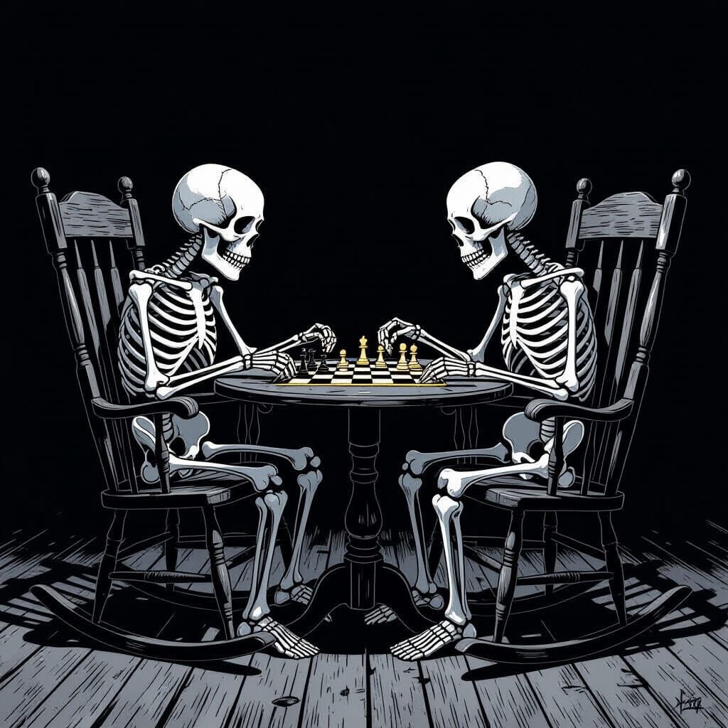 Skeletons Play Chess in Gothic Chiaroscuro Style