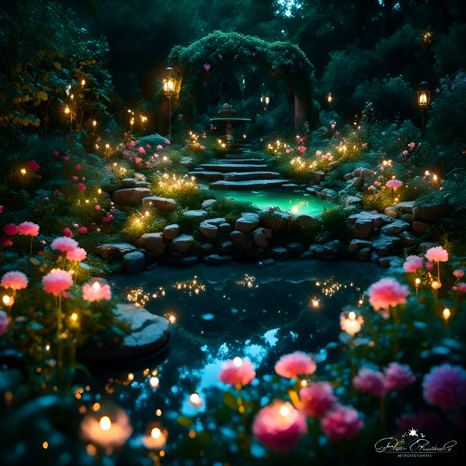 Enchanted Stone Pool in a Secret Garden at Night