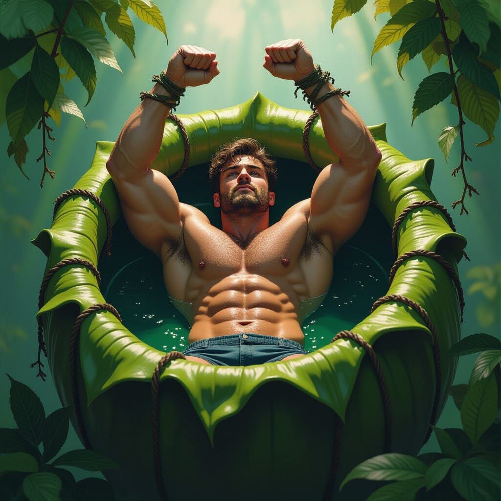 Fantasy Art: Muscular Man Trapped in Giant Pitcher Plant