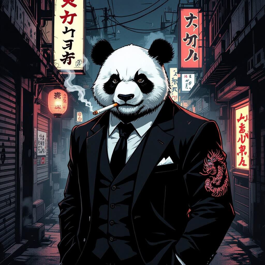 Yakuza Panda Smoking in Tokyo Back Alley