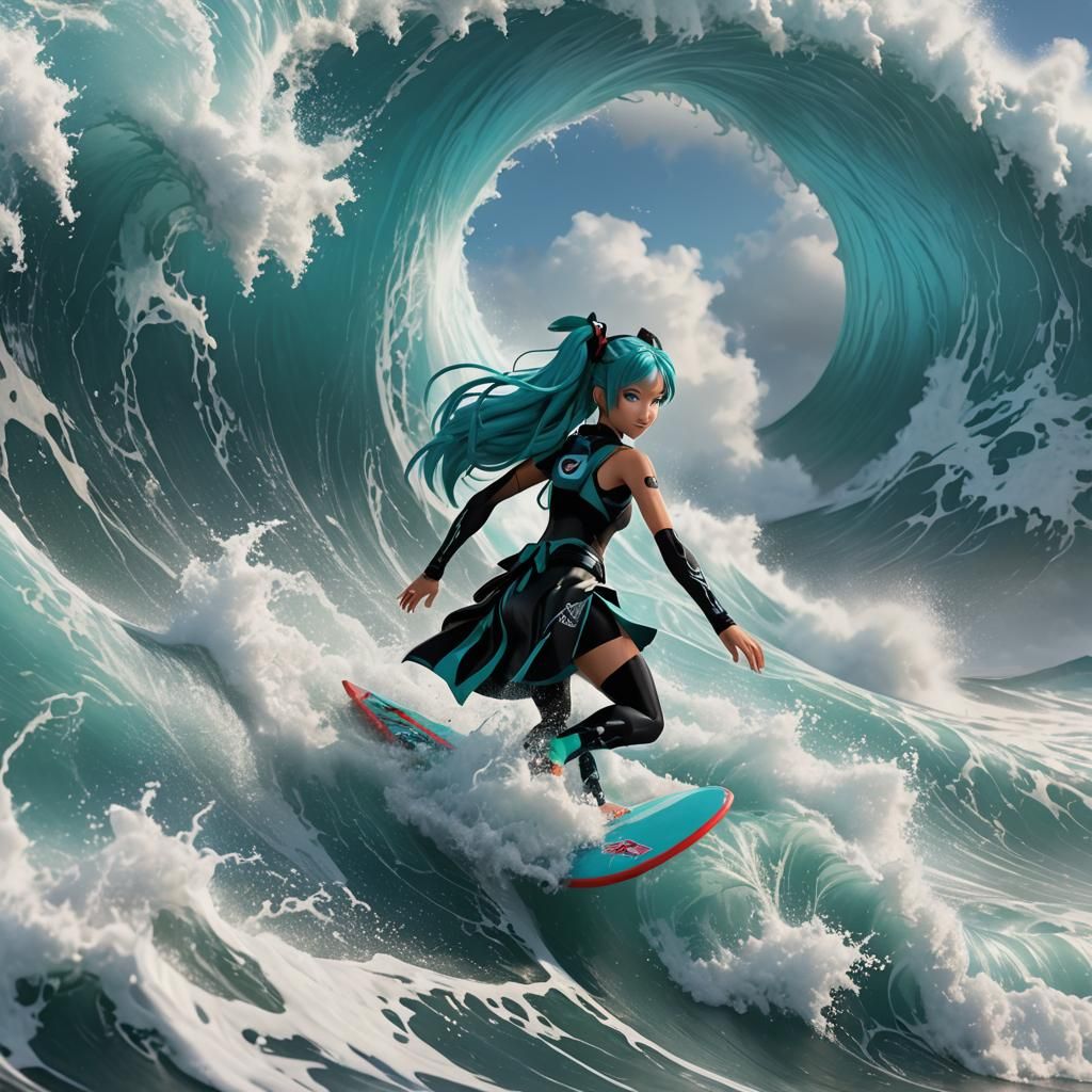 Hatsune Miku Surfing a Huge Wave