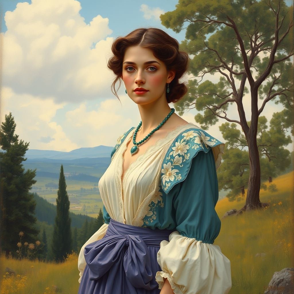 Elegant Woman in Landscape, Classical Style