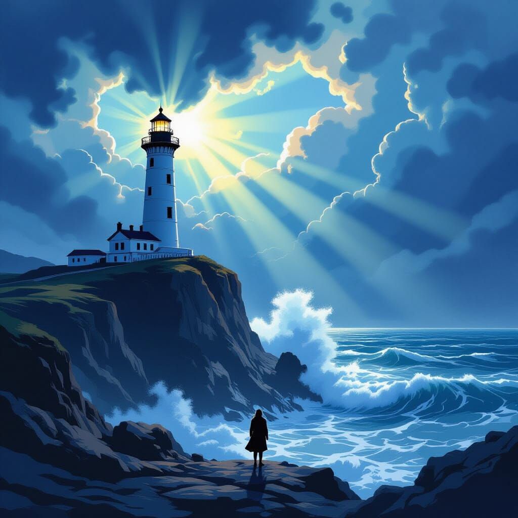 Majestic Lighthouse on Stormy Cliff, Volumetric Light Beams