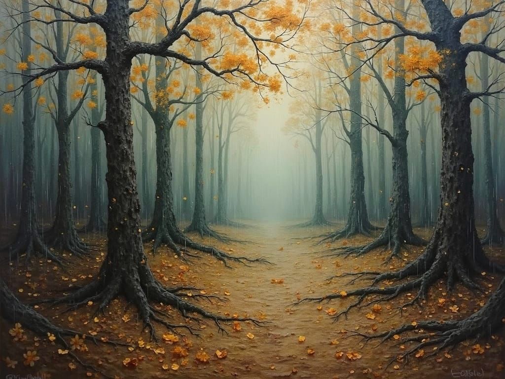 Rustic Oil Painting of Roots Whispering About Rain