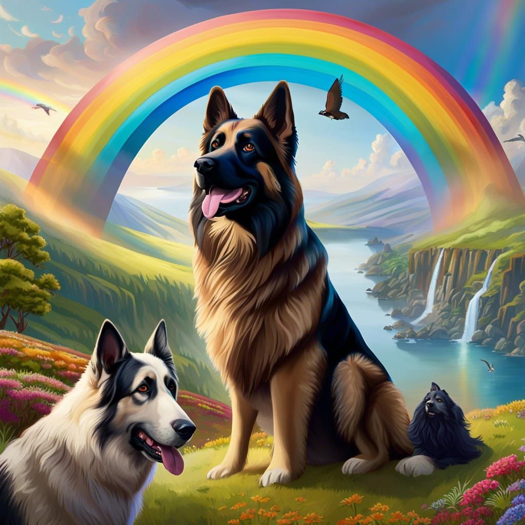 German Shepherd and Newfoundland on Rainbow Bridge