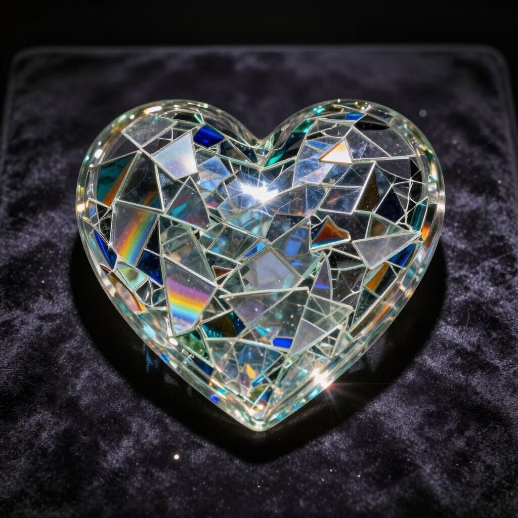 Shattered Heart Glass Sculpture on Velvet