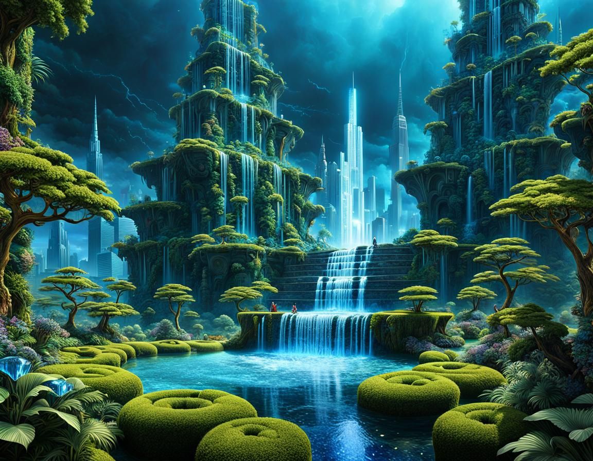 Retro SF Blue Crystal City with Fountains