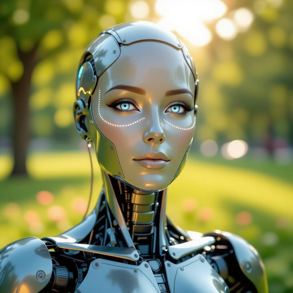 Elegant Mechanical Being with Glowing Blue Eyes