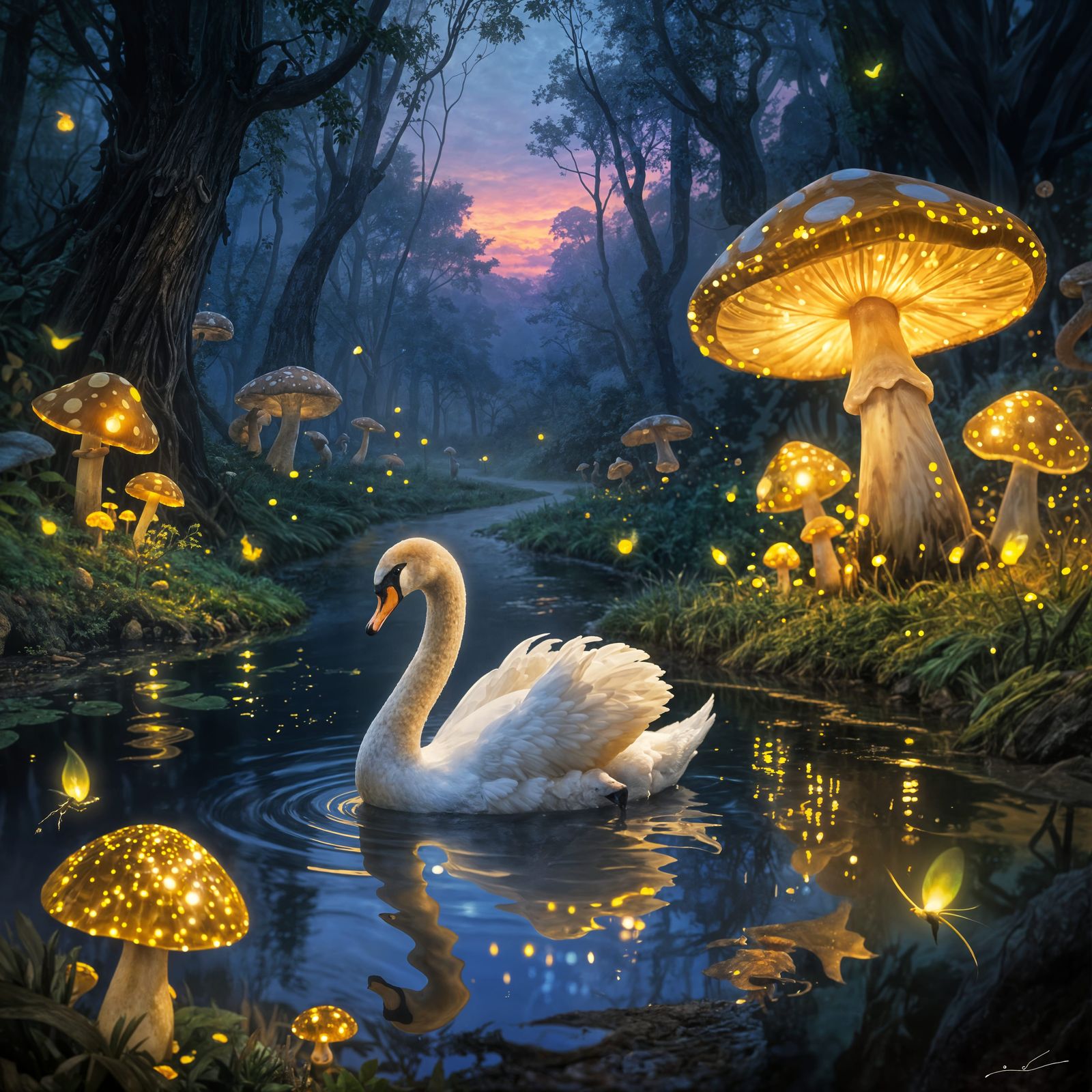 Majestic Swan in Enchanted Forest Twilight