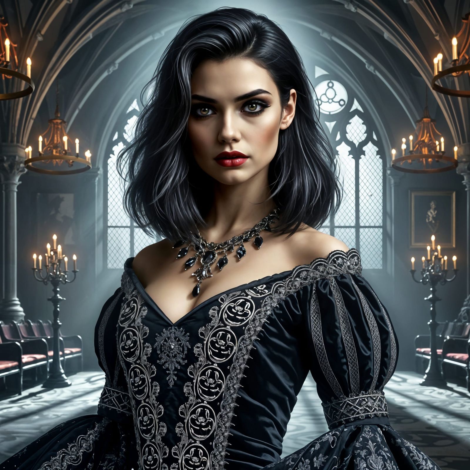 Aristocratic Vampire Matriarch in Neo-Gothic Hall