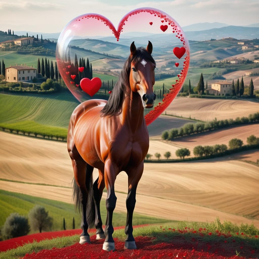Double exposure : horse + Tuscany landscape made of red drawing hearts in a heart shape of bubble. Illustrative artistic...