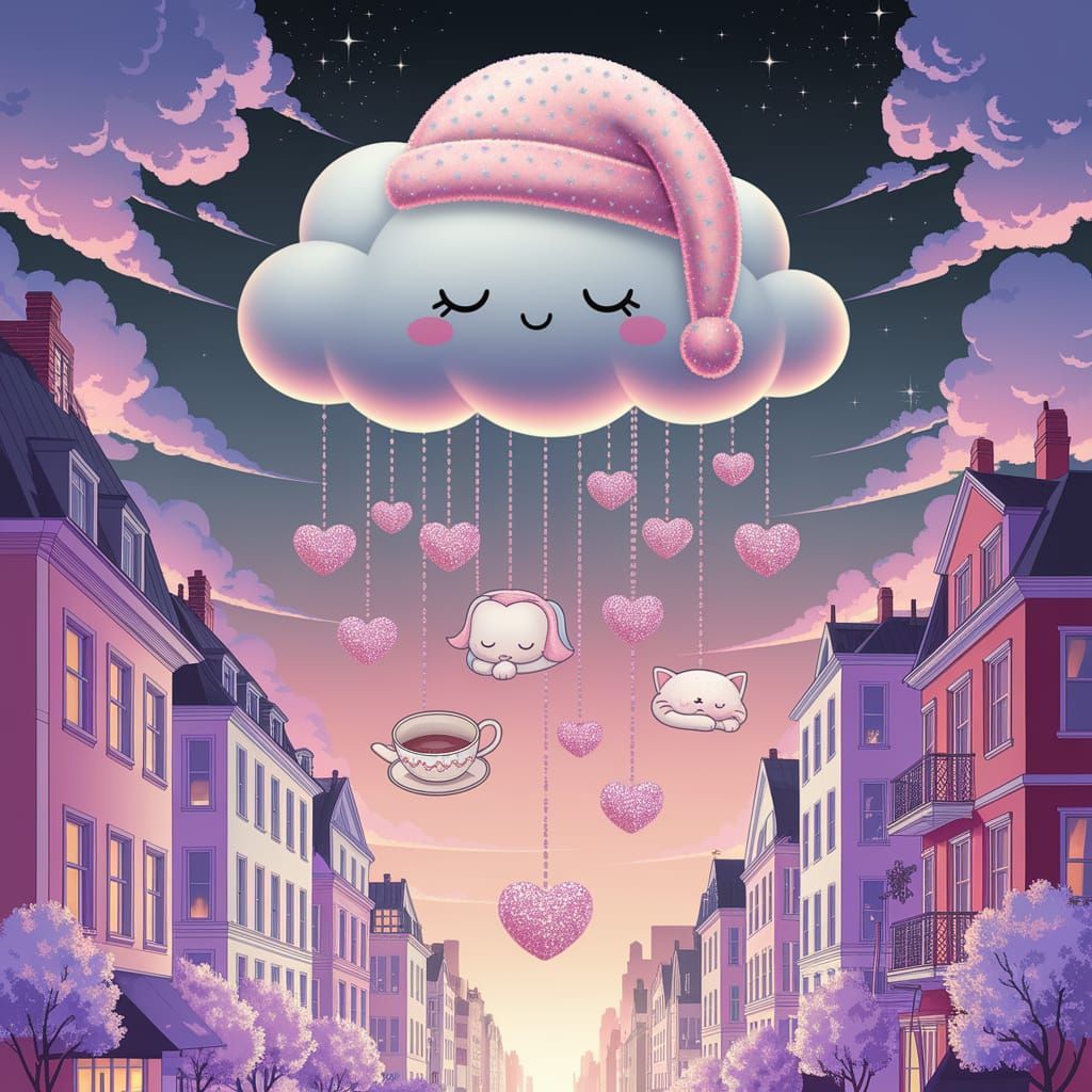 Kawaii Cloud Drifting Over Pastel City