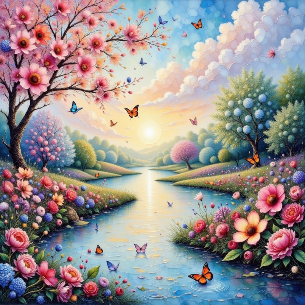 Surreal Whimsical Landscape with River in Pastel Colors