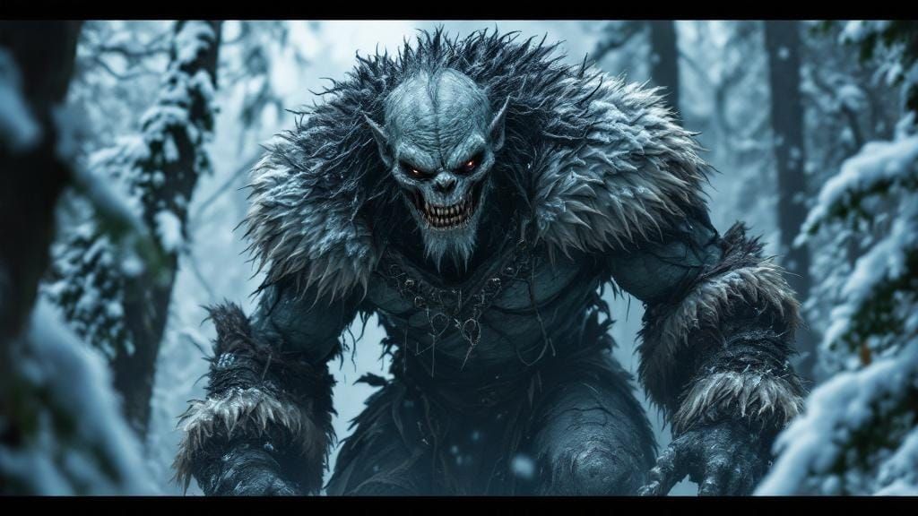 Demonic Ogre in Snowy Winter Forest: Hyperrealistic